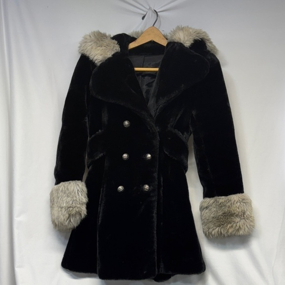 Glenoit Polar Glow Elegant Black and grey  button up lined Fur Coat with Hood S